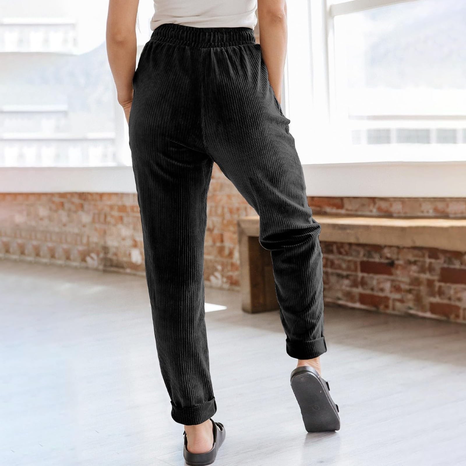 thumbnail image 4 of Pantalones de pana elásticos de cintura alta para mujer: pierna recta y ancha, diseño con bolsillos, pantalones de trabajo informales para otoño/invierno, 4 of 7